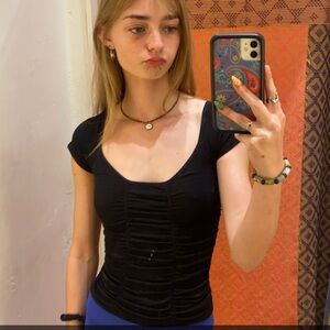 Free People Black Ruched Cap Sleeve Blouse